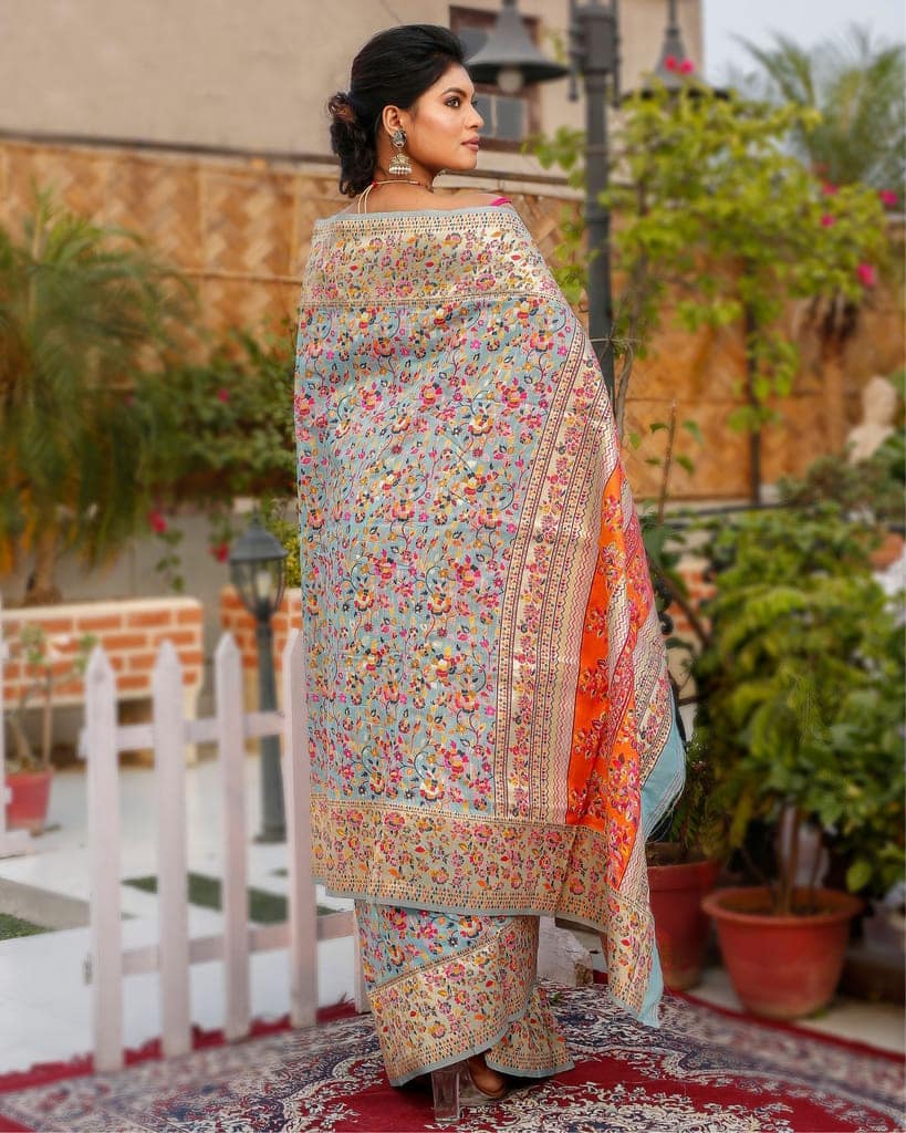 Banarasi Silk Saree Blue & Multi Color with contrast pallu and blouse-7066 view 4