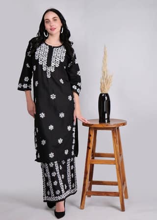 Pure Cotton Hand Embroidered Chikankari Plazo Set