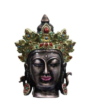 COPPERHOARD Brown Multicoloured Resin Tara Devi Goddess Tara Meditating Buddha Head Statue with Beautiful Smile and Crown for Home Decor and Gifting.