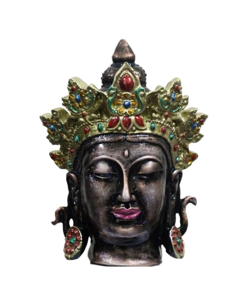 COPPERHOARD Brown Multicoloured Resin Tara Devi Goddess Tara Meditating Buddha Head Statue with Beautiful Smile and Crown for Home Decor and Gifting.