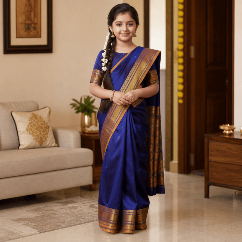 Mom and Me Ready-to-Wear Girls Saree | Belgaon Silk | Golden Zari Border | Pre-Stitched for Kids view 2