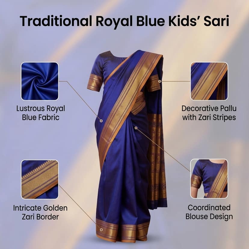 Mom and Me Ready-to-Wear Girls Saree | Belgaon Silk | Golden Zari Border | Pre-Stitched for Kids view 3
