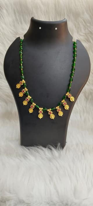 Gold Plated Traditional Indian Necklace Set with Green Beads and Lakshmi Coins