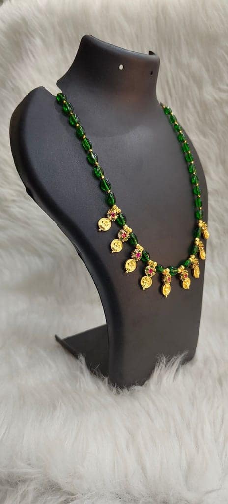 Gold Plated Traditional Indian Necklace Set with Green Beads and Lakshmi Coins view 3
