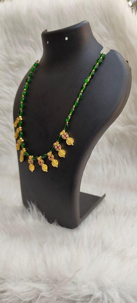 Gold Plated Traditional Indian Necklace Set with Green Beads and Lakshmi Coins view 4