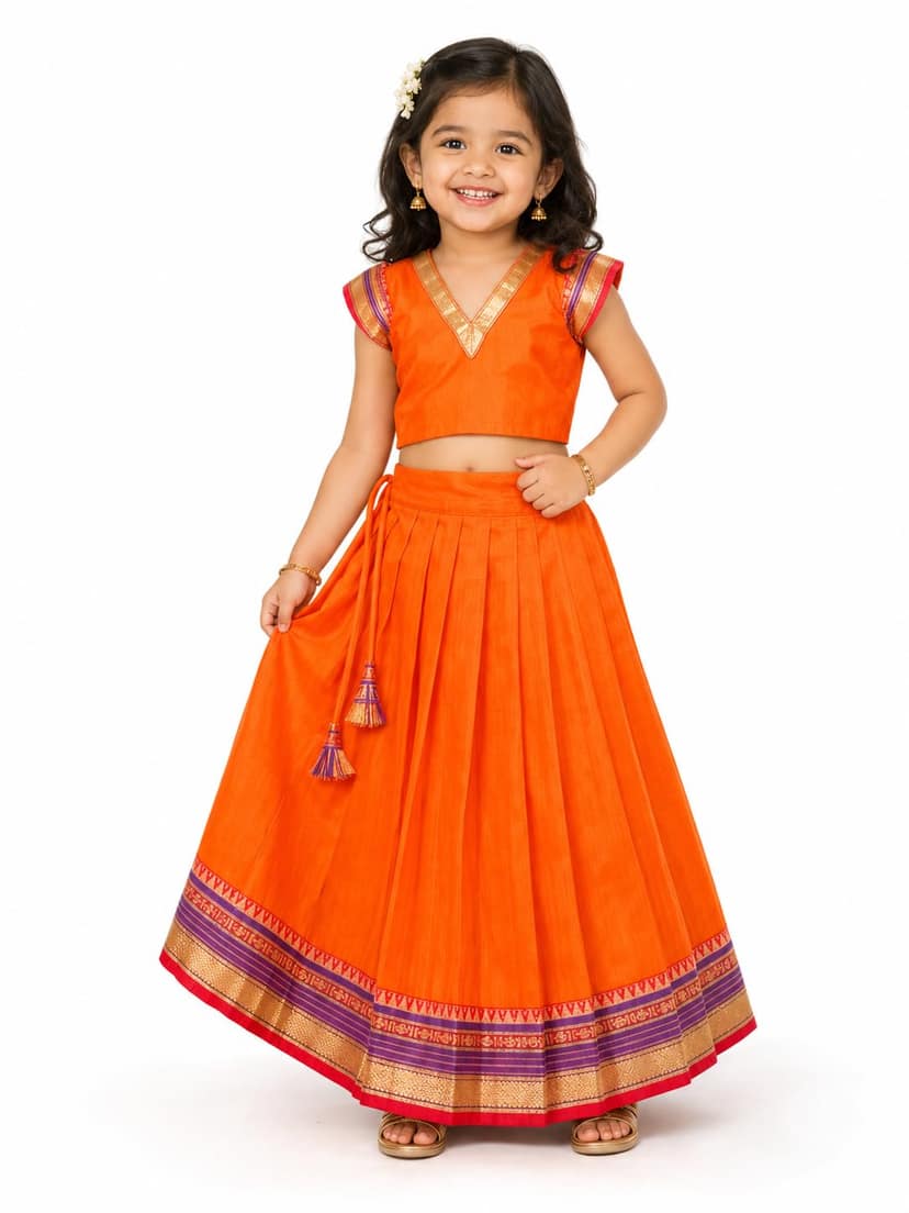 Mom and Me Girls’ Lehenga Choli/Parker Polka/Pattu Pavadai (0 Months–6 Years) | Acrylic Cotton with Soft Cotton Lining | V-Neck, Short Puff Sleeves, Zipper Closure (Orange, 2-3 Y)