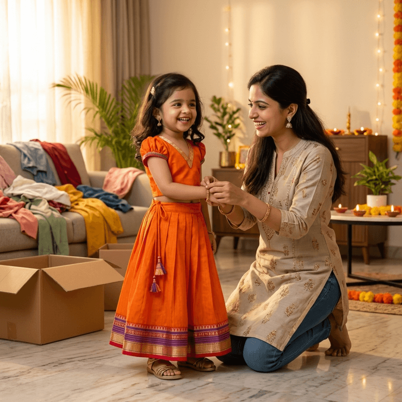 Mom and Me Girls’ Lehenga Choli/Parker Polka/Pattu Pavadai (0 Months–6 Years) | Acrylic Cotton with Soft Cotton Lining | V-Neck, Short Puff Sleeves, Zipper Closure (Orange, 2-3 Y) view 3