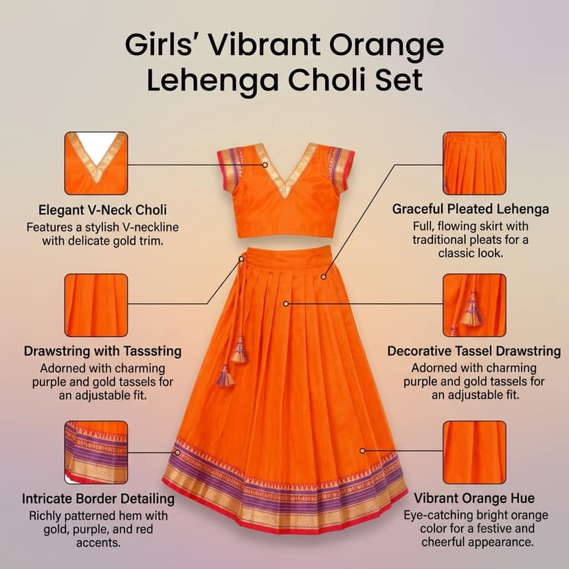 Mom and Me Girls’ Lehenga Choli/Parker Polka/Pattu Pavadai (0 Months–6 Years) | Acrylic Cotton with Soft Cotton Lining | V-Neck, Short Puff Sleeves, Zipper Closure (Orange, 2-3 Y) view 4