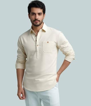 Vida Loca Cotton Blend Plain Shirt Style Kurta For Men ( Beige )