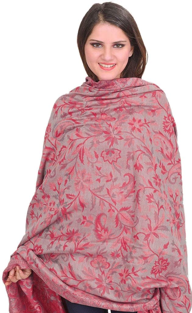 Magenta-Haze Reversible Jamawar Shawl with Woven Paisleys view 2