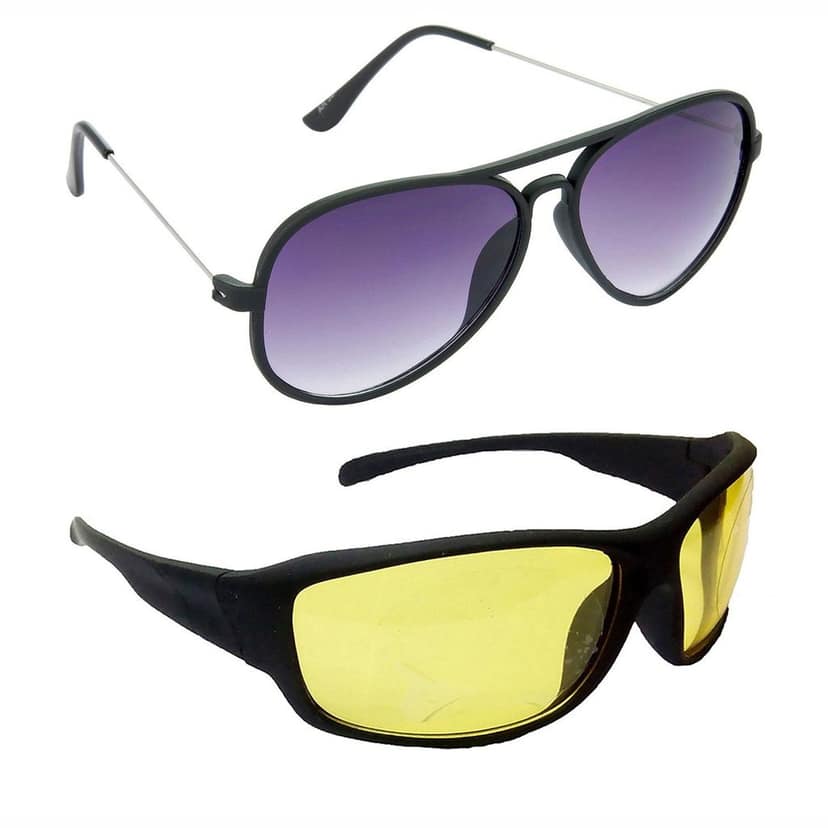 HRINKAR Men Women Boys & Girls Pilot Sunglasses Black & Black Frame, Violet & Yellow Lens (Medium) Pack of - 2