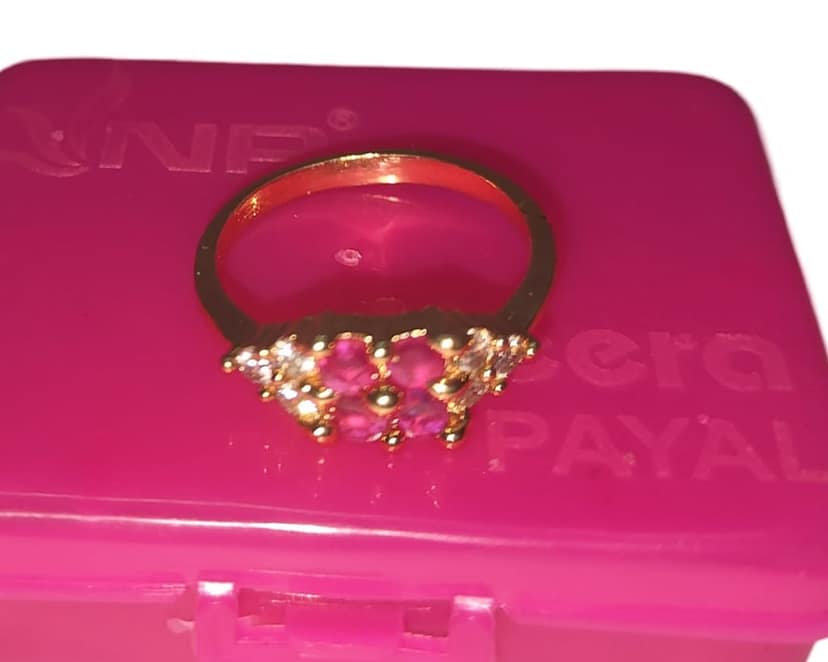 "Exquisite Gold plated Ring with Round Pink Gemstones"
