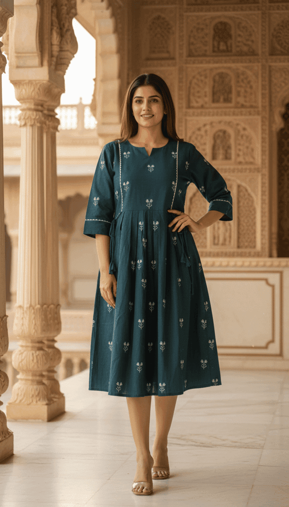 Cotton Printed Long Dress for Women | Anarkali Style | 3/4th Sleeve | Casual & Festive Wear view 2