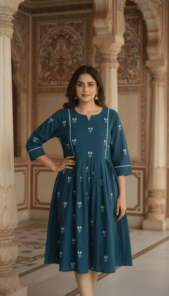 Cotton Printed Long Dress for Women | Anarkali Style | 3/4th Sleeve | Casual & Festive Wear view 3
