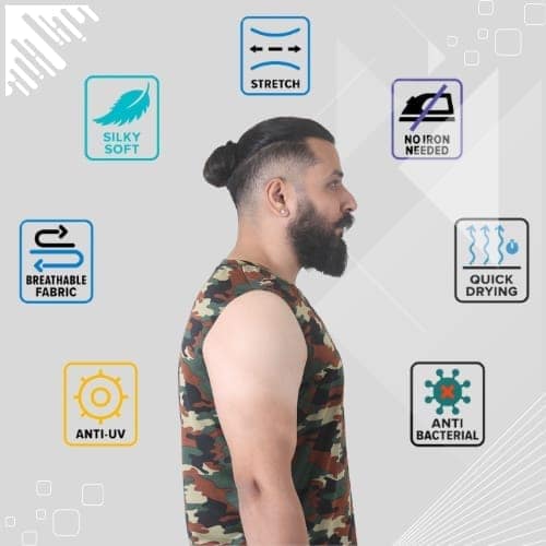 Men's Gym Sleeveless T-Shirt Camouflage Brown - Drifit, Quick Dry Sports Tank Top, Sando Vest view 3