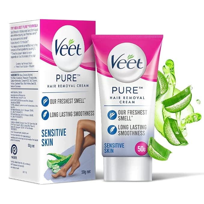Veet Pure Hair Removal Cream for Women with No Ammonia Smell, Sensitive Skin - 50 g Suitable for Legs, Underarms, Bikini Line, Arms 2x Longer Lasting Smoothness than Razors
