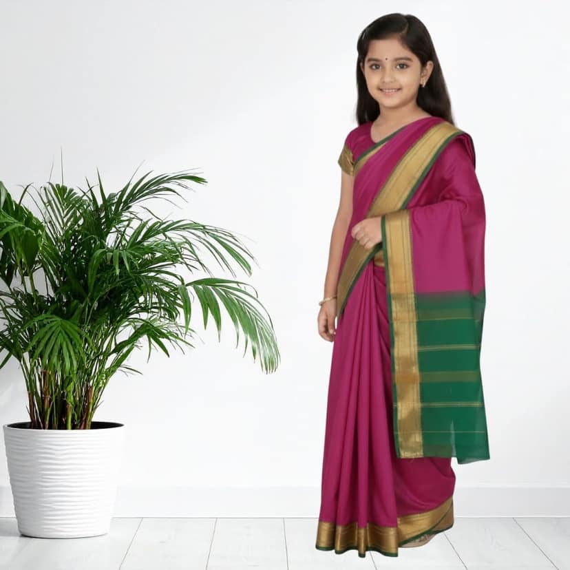 Mom and Me Girls Ethnic Saree - Silk with Golden Zari Border view 2