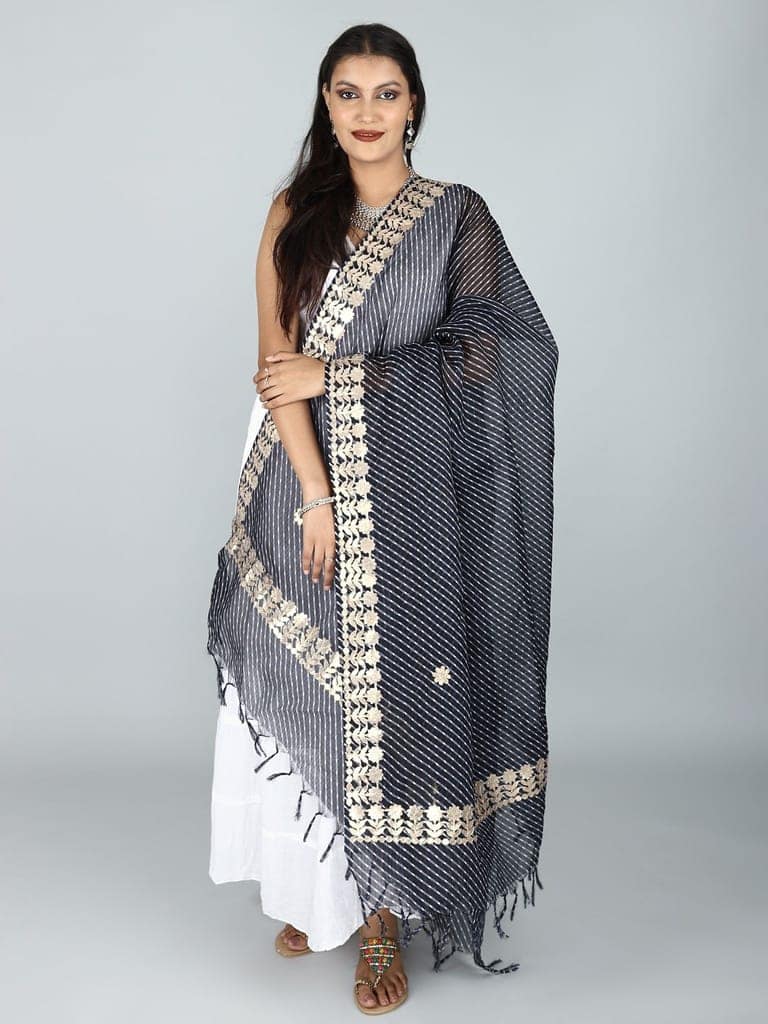 Navy Leheria Kota Doria Extra-Wide Dupatta from Jodhpur with Gota Border view 2