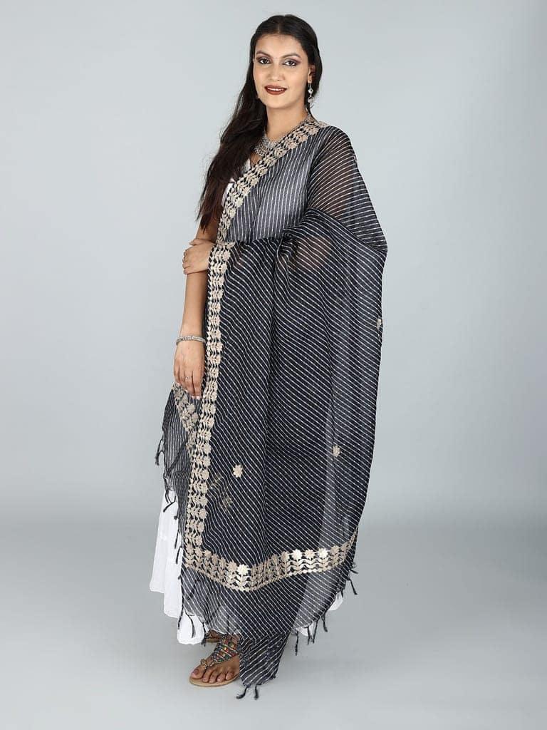 Navy Leheria Kota Doria Extra-Wide Dupatta from Jodhpur with Gota Border view 3