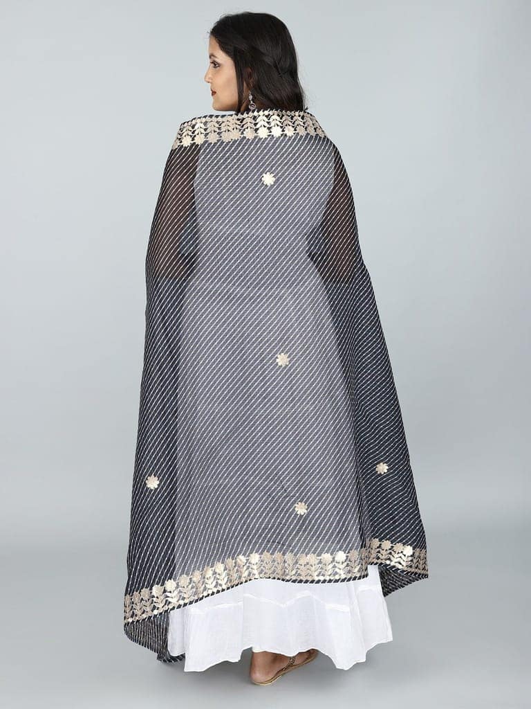 Navy Leheria Kota Doria Extra-Wide Dupatta from Jodhpur with Gota Border view 4