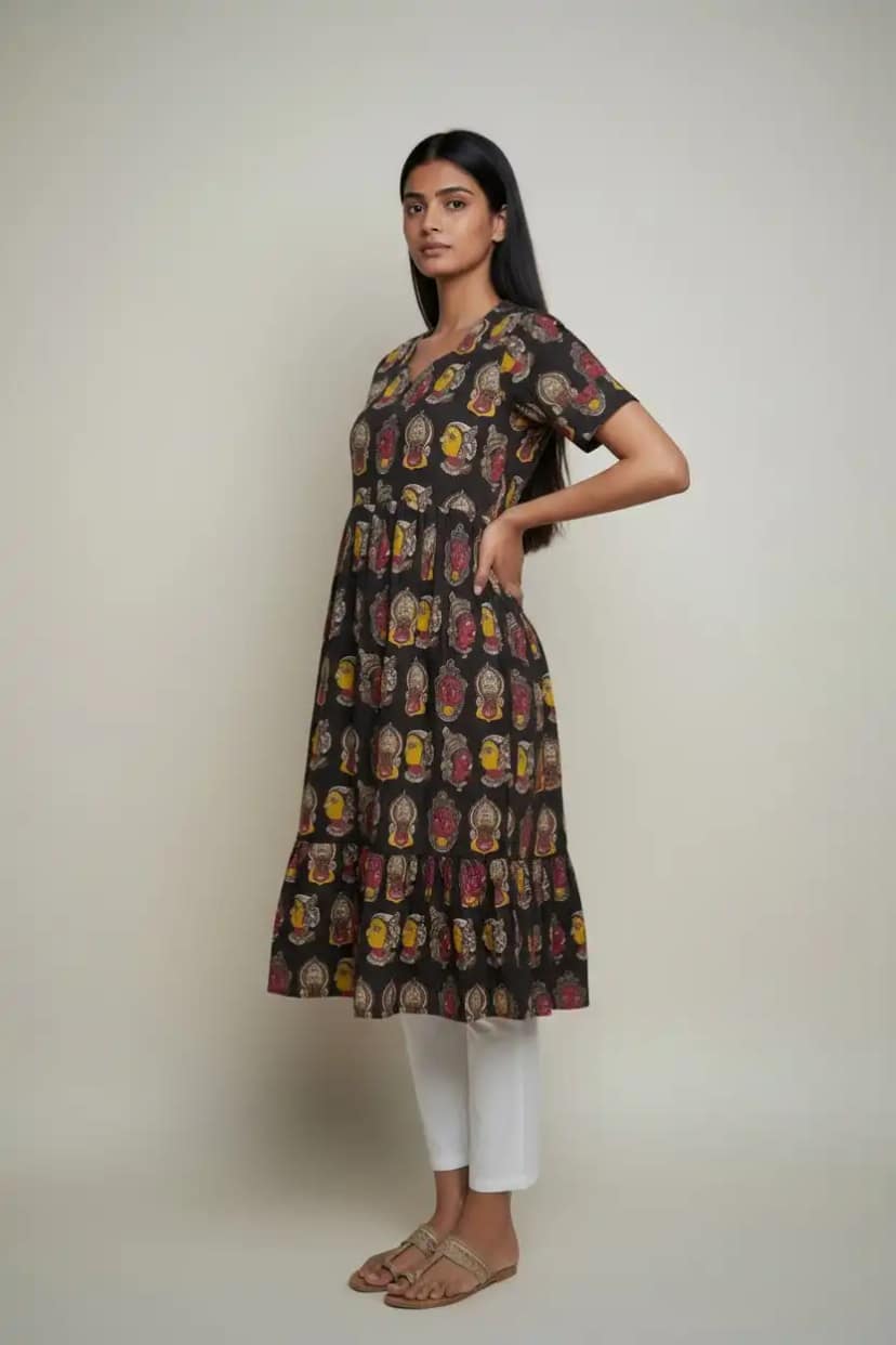 Pattachitra Print Cotton Dress Coffee Yellow Pink view 2