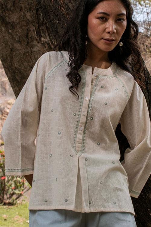 Avani Chikankari Off white Pure Cotton 3Q Sleeve Top view 5