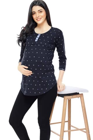 ZEYO Women Cotton Navy Blue Heart Print Maternity & Feeding Top