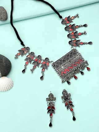 Cardinal Oxidized Silver Color Multicolor Minakari Long Necklace Set