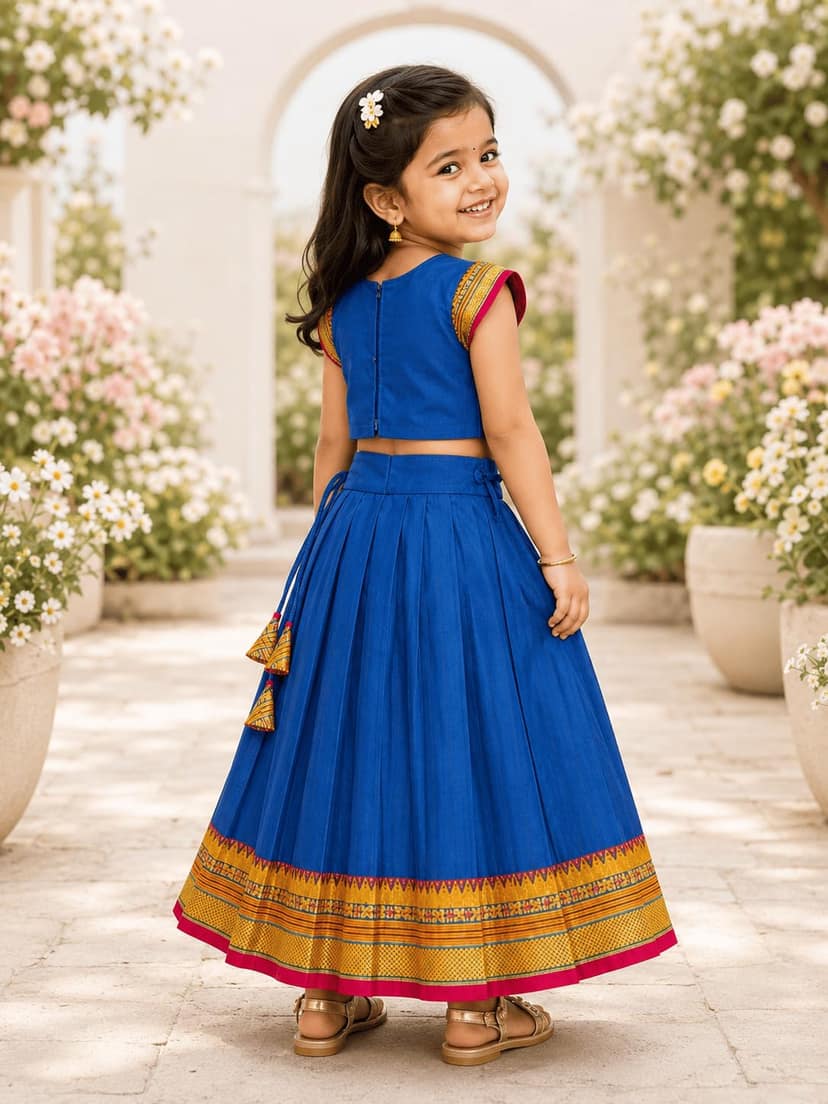 Mom and Me Girls’ Lehenga Choli/Parker Polka/Pattu Pavadai (0 Months–6 Years) | Acrylic Cotton with Soft Cotton Lining | V-Neck, Short Puff Sleeves, Zipper Closure (Blue, 2-3 Y) view 2