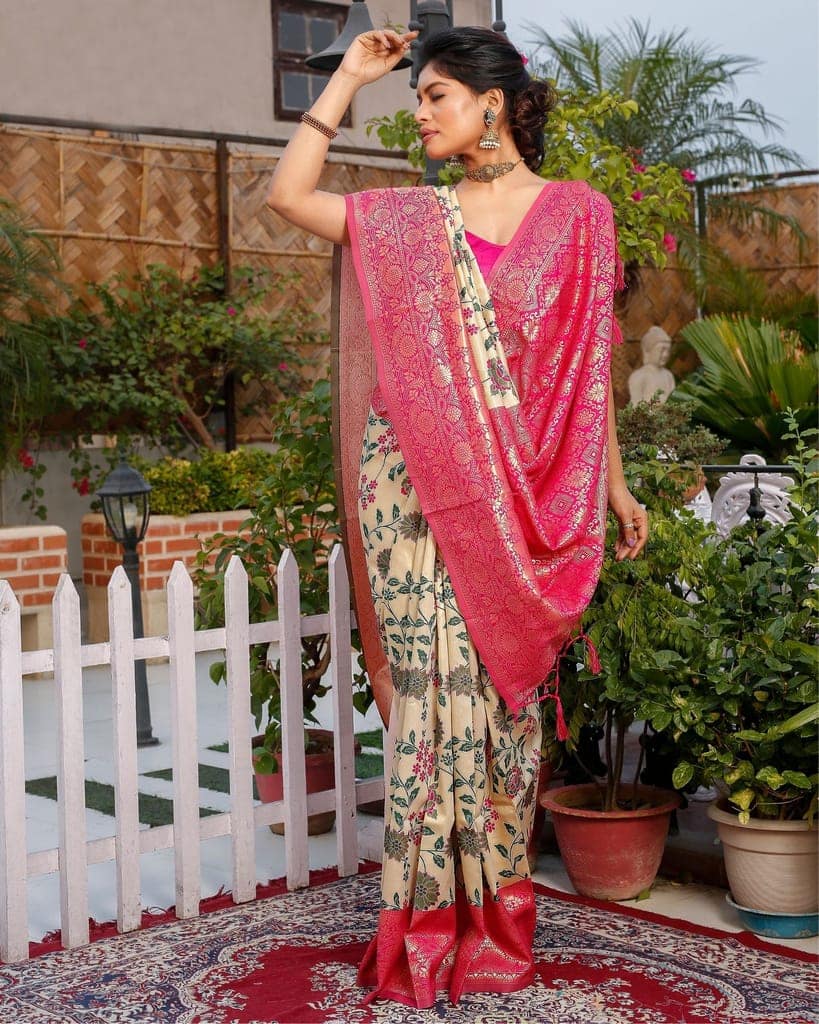 Banarasi Silk Saree Beige Color with Rani Pink Pallu and blouse-2600 view 2