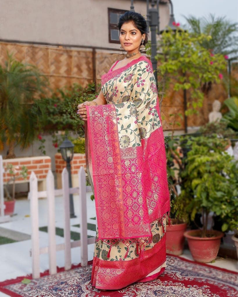 Banarasi Silk Saree Beige Color with Rani Pink Pallu and blouse-2600 view 3