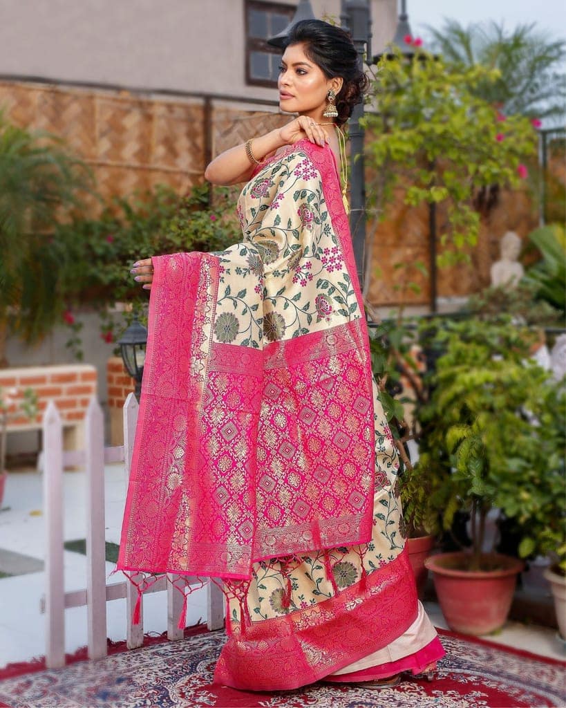 Banarasi Silk Saree Beige Color with Rani Pink Pallu and blouse-2600 view 4