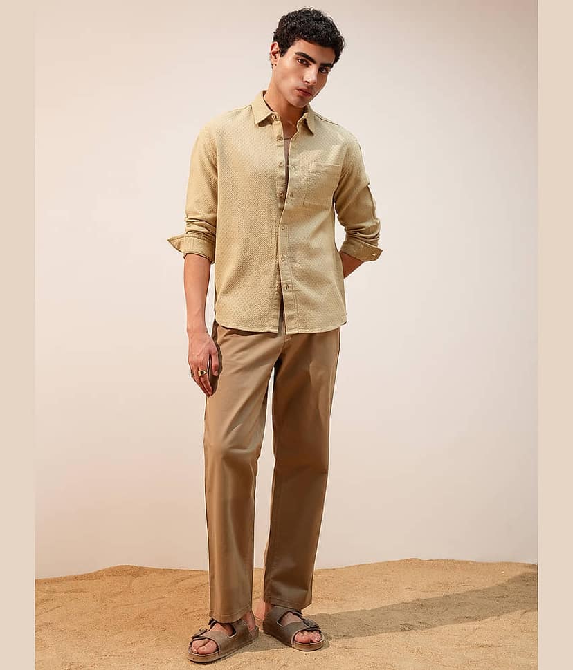 Highlander 100% Cotton Relaxed Fit Self Design Full Sleeves Men's Casual Shirt - Gold ( Pack of 1 ) view 2