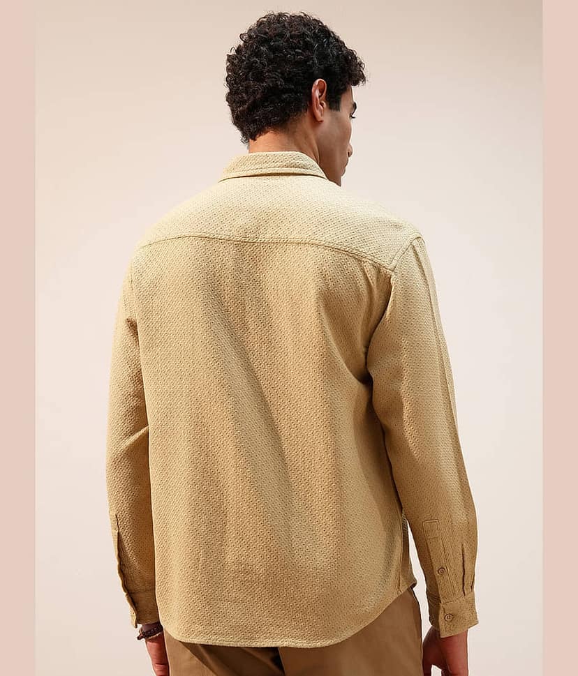 Highlander 100% Cotton Relaxed Fit Self Design Full Sleeves Men's Casual Shirt - Gold ( Pack of 1 ) view 3
