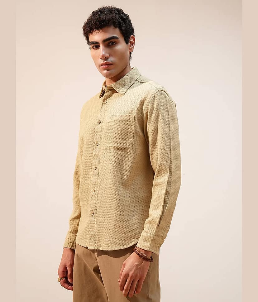 Highlander 100% Cotton Relaxed Fit Self Design Full Sleeves Men's Casual Shirt - Gold ( Pack of 1 ) view 4