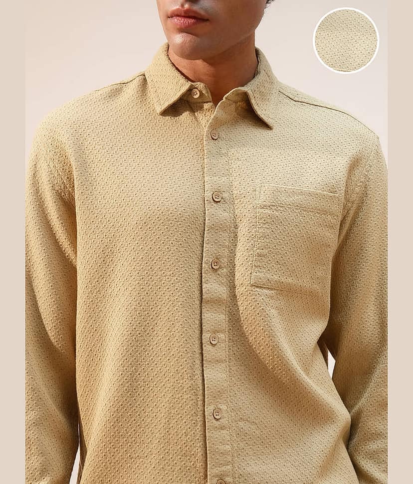 Highlander 100% Cotton Relaxed Fit Self Design Full Sleeves Men's Casual Shirt - Gold ( Pack of 1 ) view 5