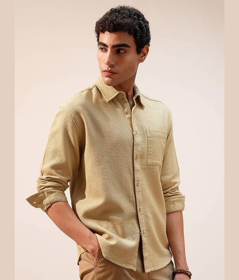 Highlander 100% Cotton Relaxed Fit Self Design Full Sleeves Men's Casual Shirt - Gold ( Pack of 1 ) view 6