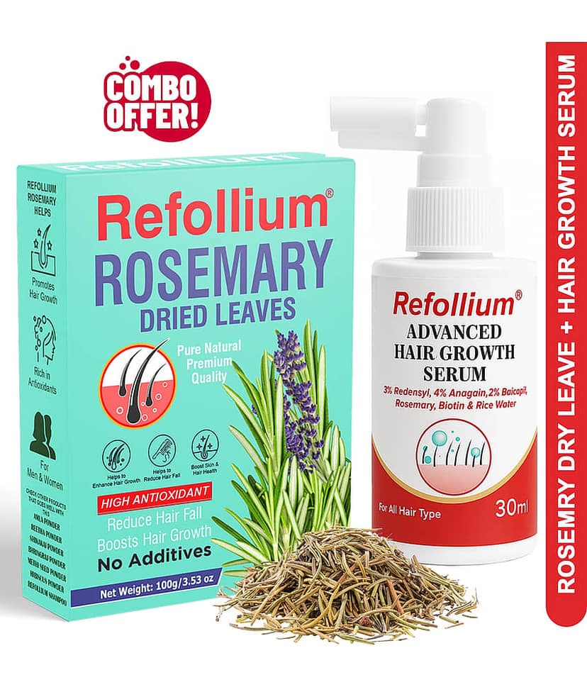 Refollium Hair Serum 30ml with Rosemary Leaves 100g Combo | Hair Growth & Hair Fall Control | For Scalp Care & Hair Nourishment