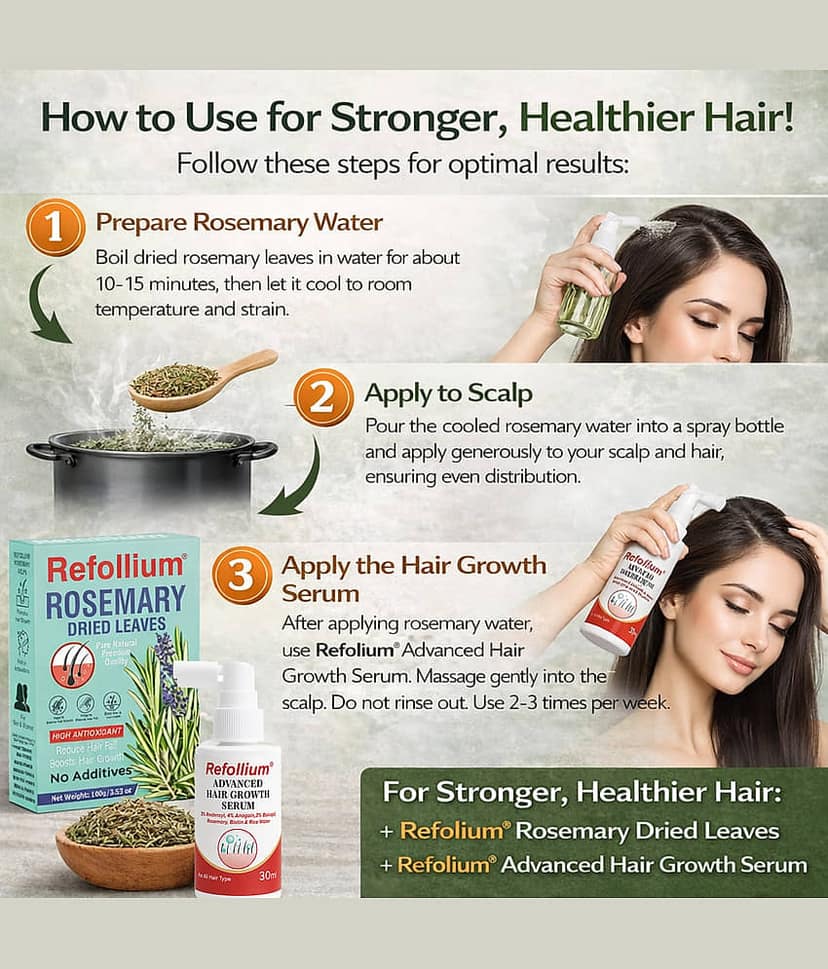 Refollium Hair Serum 30ml with Rosemary Leaves 100g Combo | Hair Growth & Hair Fall Control | For Scalp Care & Hair Nourishment view 2