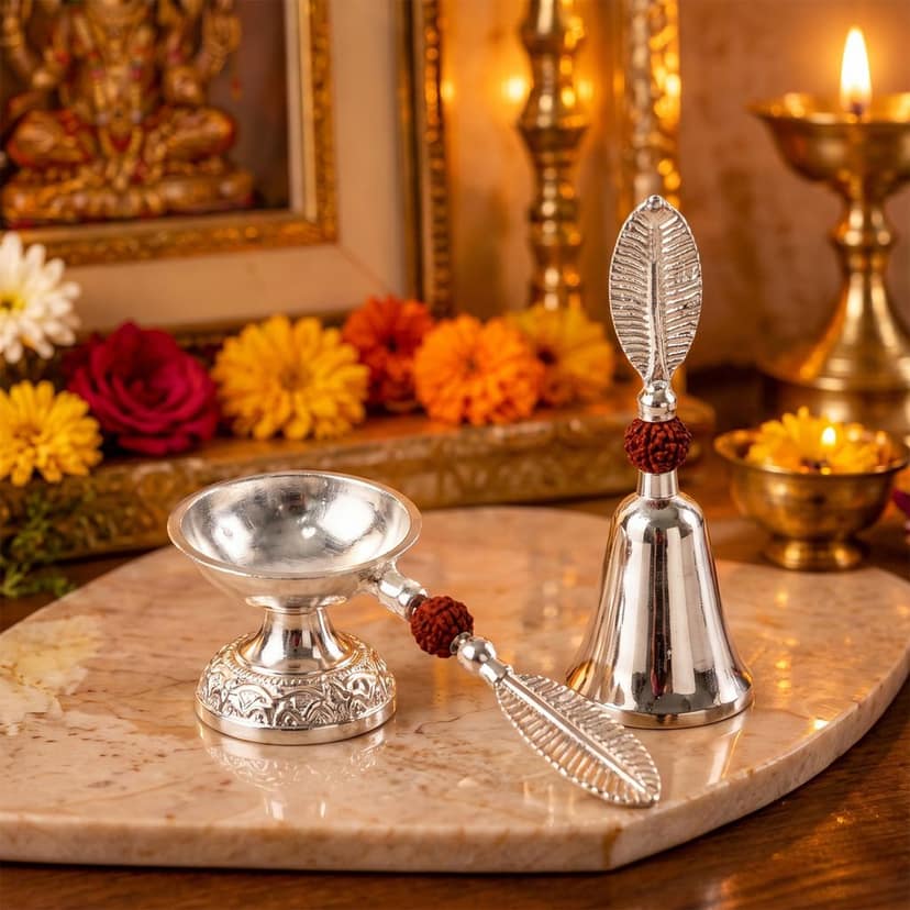 Silver Finish Pooja Bell and Diya Set with Leaf Handles and Box (1 Set) view 2