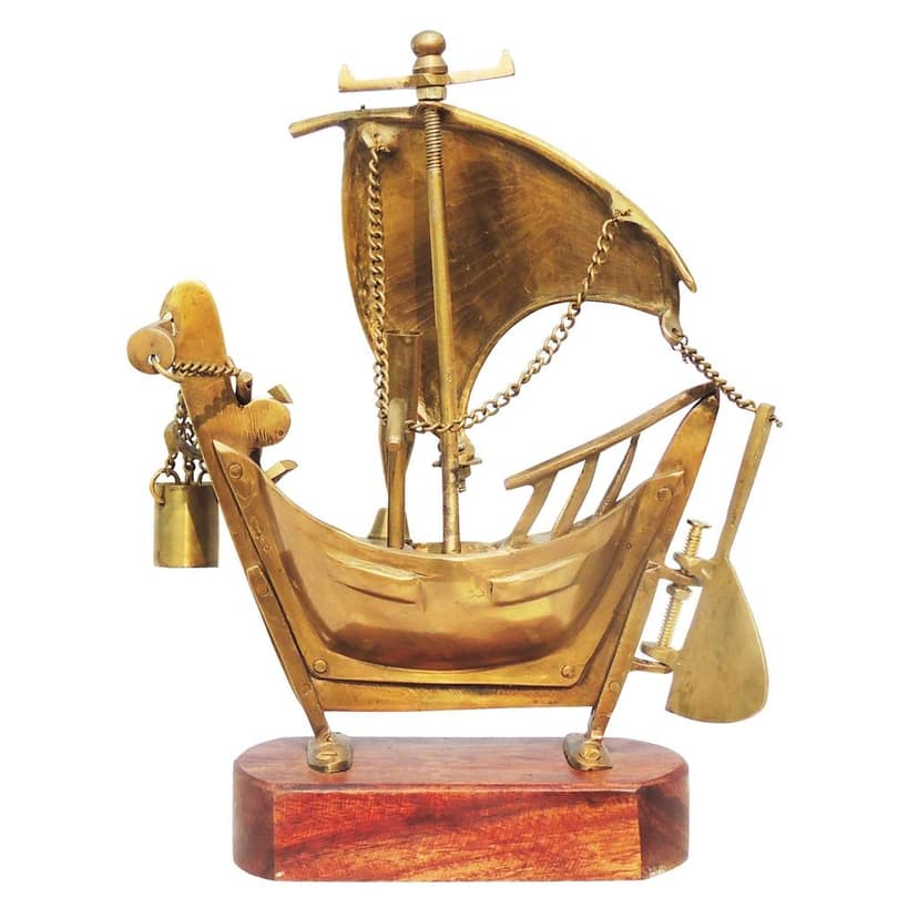 Brass Ship Decor with Polished Wooden Base � Premium Showpiece, Height : 9 Inch (MRMAS219 A) view 2