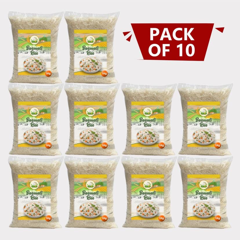Premium Long Grain Basmati Rice 10kg (Pack of 1kg × 10 packet) by Arms Krishi – Extra Long Grain, Fragrant & Pure Chawal