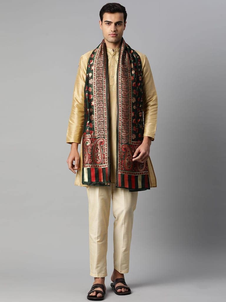 Men Dark Green and Gold Toned Pure Cotton Dupatta With Embrodried Woven Design view 2