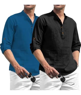 Vida Loca Light Blue Cotton Blend Men's Shirt Style Kurta ( Pack of 2 )