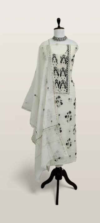 Chikankari Mul Chanderi Dress Material Ivory Navy Leaf Yoke