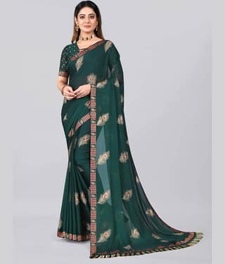 Aardiva Georgette Printed Saree With Unstitched Blouse Piece ( Green )
