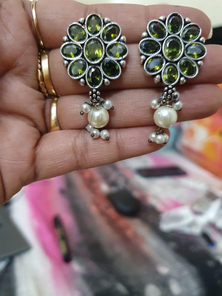 German Silver Oxidized Drop Studs Earrings view 2