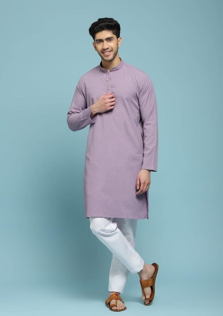 Dobby Textured Solid Men's Long Kurta - Purple view 3