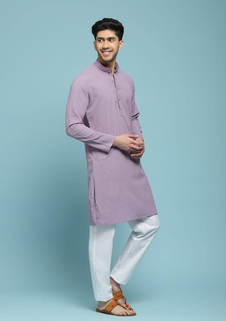 Dobby Textured Solid Men's Long Kurta - Purple view 5