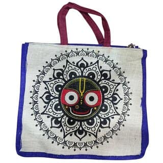 White Premium Jute Jagannath Design Multipurpose Bag For Women